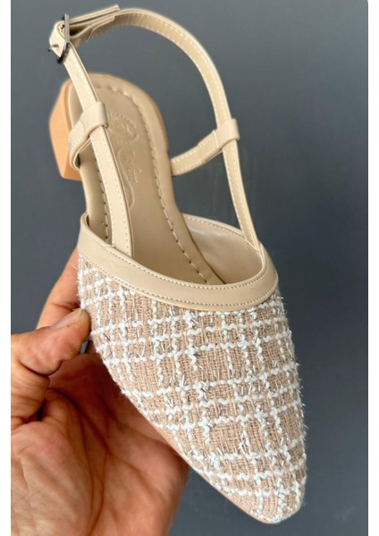 Kadın Günlük Babet Suni Deri Bej Renk Taşlı Tasarım 3 cm Düz Topuk modelleri