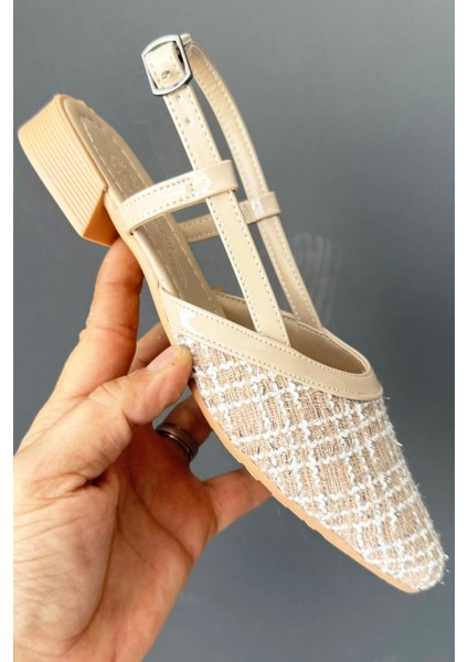 Kadın Günlük Babet Suni Deri Bej Renk Taşlı Tasarım 3 cm Düz Topuk fırsatları