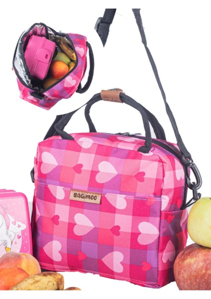 Isı Yalıtımlı Su Geçirmez Termal Çanta Yemek Taşıma Beslenme Çantası Askılı Pembe Kalpli