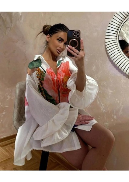 Keten Kumaş Baskı Detaylı Kollar Fırfırlı Gömlek Elbise fiyatları
