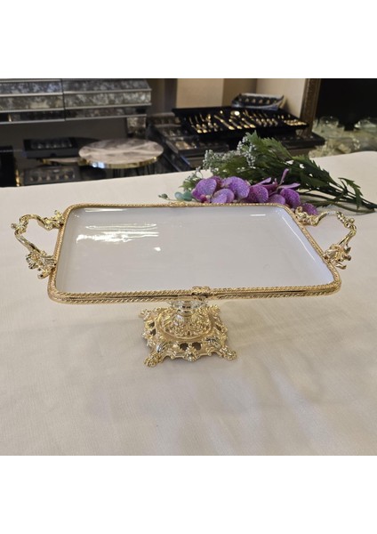 Metal Çerçeveli Döküm Ayaklı Dikdörtgen Porselen Servis Tabağı 35X26 cm