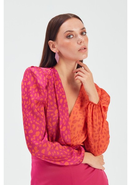 Kruvaze Desenli Bodysuit - Oranj-Fuşya fırsatları