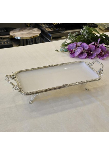 Metal Çerçeveli Dikdörtgen Porselen Servis Tabağı 30X15 cm Gümüş