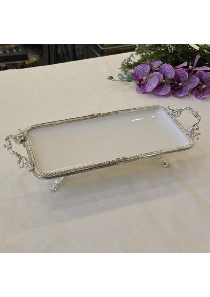 Metal Çerçeveli Dikdörtgen Porselen Servis Tabağı 30X15 cm Gümüş fiyatları
