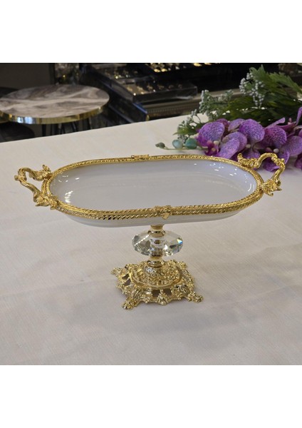Metal Çerçeveli Döküm Ayaklı Oval Porselen Servis Tabağı 30X16 cm
