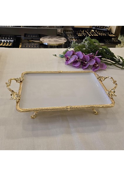 Metal Çerçeveli Dikdörtgen Porselen Servis Tabağı 30X22 cm