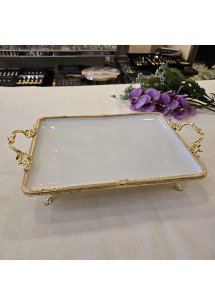 Metal Çerçeveli Dikdörtgen Porselen Servis Tabağı 30X22 cm fiyatları