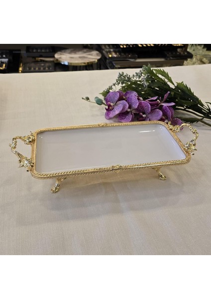 Metal Çerçeveli Dikdörtgen Porselen Servis Tabağı 30X15 cm