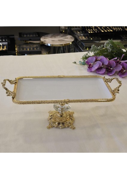Metal Çerçeveli Döküm Ayaklı Dikdörtgen Porselen Servis Tabağı 30X15 cm