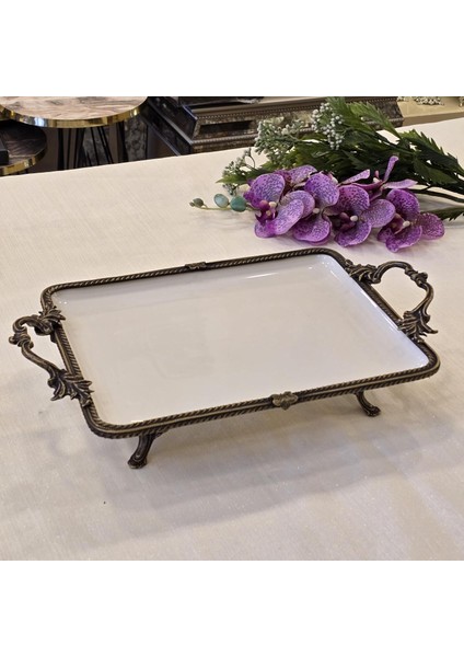Metal Çerçeveli Dikdörtgen Porselen Servis Tabağı 30X22 cm Antik