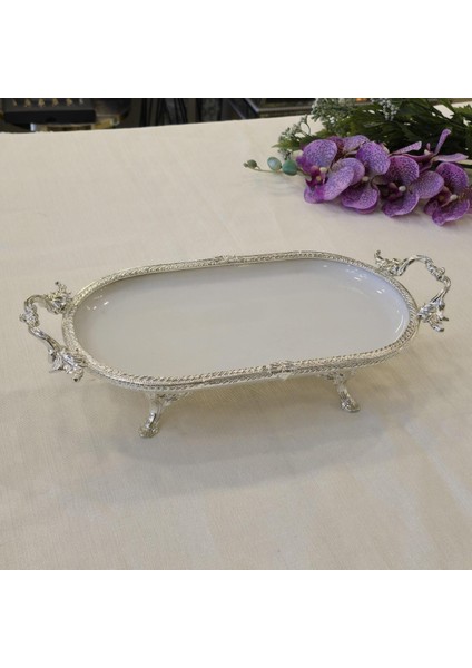 Metal Çerçeveli Oval Porselen Servis Tabağı 25X15 cm Gümüş