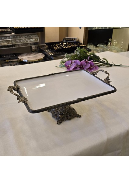 Metal Çerçeveli Döküm Ayaklı Dikdörtgen Porselen Servis Tabağı 35X26 cm Antik