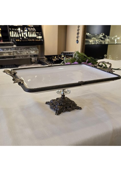 Metal Çerçeveli Döküm Ayaklı Dikdörtgen Porselen Servis Tabağı 35X26 cm Antik fiyatları