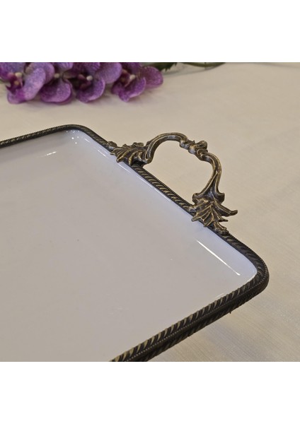 Metal Çerçeveli Döküm Ayaklı Dikdörtgen Porselen Servis Tabağı 35X26 cm Antik modelleri