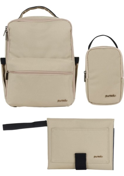 Bej Bej Bebek Bakım Çanta Seti- Cold Sand Sırt Çantası Tekstil