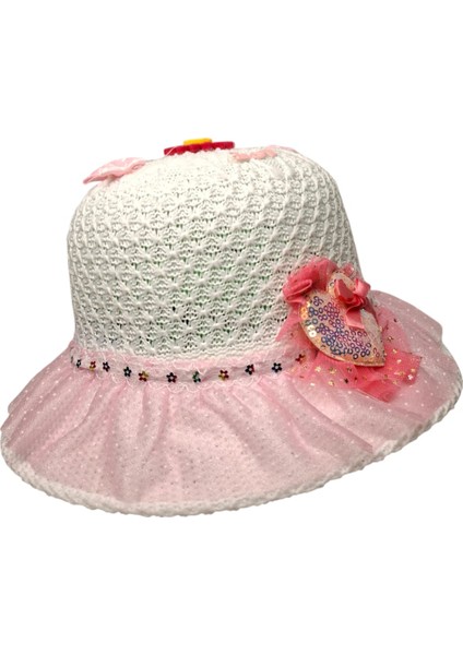 6-12 Yaş Kız Çocuk Beyaz Pembe Renk Kalp Fiyonk Çiçek Figürlü Merserize Yazlık Şapka fiyatları