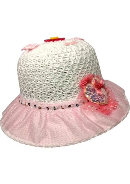 6-12 Yaş Kız Çocuk Beyaz Pembe Renk Kalp Fiyonk Çiçek Figürlü Merserize Yazlık Şapka modelleri