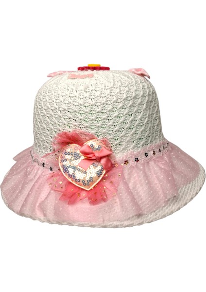 6-12 Yaş Kız Çocuk Beyaz Pembe Renk Kalp Fiyonk Çiçek Figürlü Merserize Yazlık Şapka fırsatları