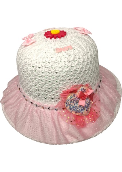 6-12 Yaş Kız Çocuk Beyaz Pembe Renk Kalp Fiyonk Çiçek Figürlü Merserize Yazlık Şapka indirimleri