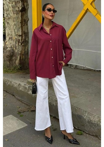 Bol Kalıplı Uzun Kollu Klasik Oversize Poplin Kadın Gömlek Bordo