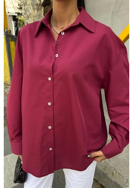Bol Kalıplı Uzun Kollu Klasik Oversize Poplin Kadın Gömlek Bordo fiyatları