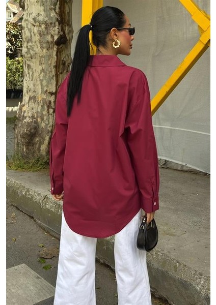 Bol Kalıplı Uzun Kollu Klasik Oversize Poplin Kadın Gömlek Bordo modelleri