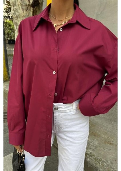 Bol Kalıplı Uzun Kollu Klasik Oversize Poplin Kadın Gömlek Bordo fırsatları