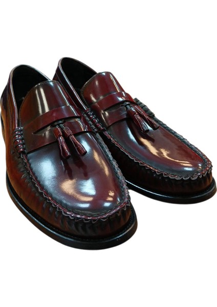 Kösele Bordo ve Siyah Açma Deri Loafer Püsküllü Dex-Ter P039 Günlük Klasik Ayakkabı