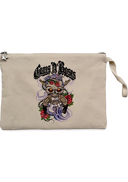 Guns N Roses Skull And Gun Krem Clutch Astarlı Cüzdan / El Çantası