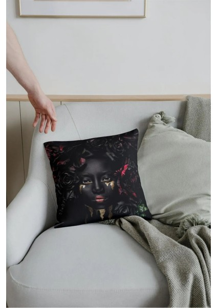 Fermuarlı Tekli Siyahi Kadın Baskılı 42X42CM Pamuk Dokuma Kırlent Yastık Kılıfı