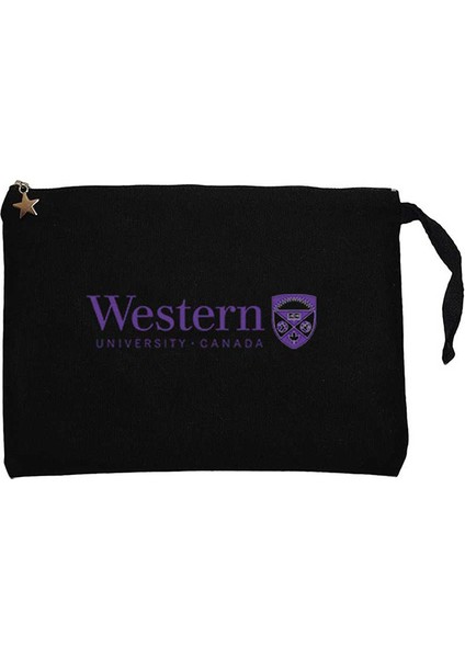 Western University Purple Logo Siyah Clutch Astarlı Cüzdan / El Çantası