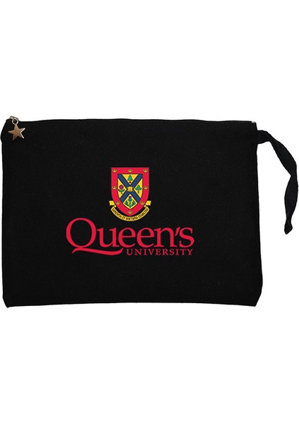 Queen's University Logo Siyah Clutch Astarlı Cüzdan / El Çantası