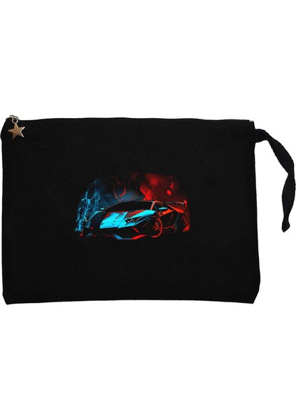 Lamborghni Blue Red Neon Siyah Clutch Astarlı Cüzdan / El Çantası