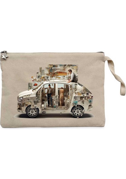 Self Driving Car Krem Clutch Astarlı Cüzdan / El Çantası