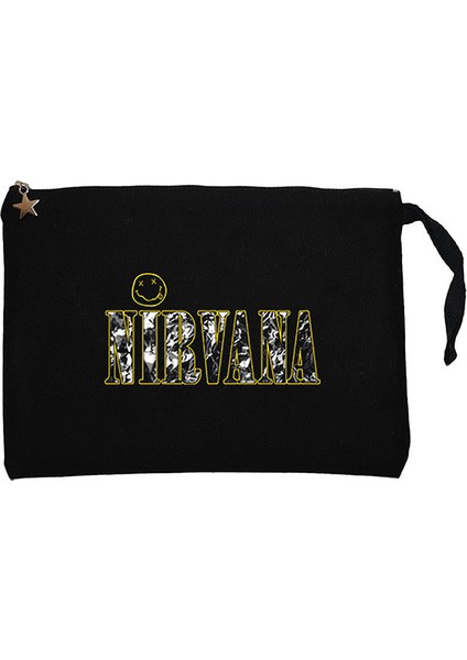 Nirvana Logo ve Yazı Siyah Clutch Astarlı Cüzdan / El Çantası