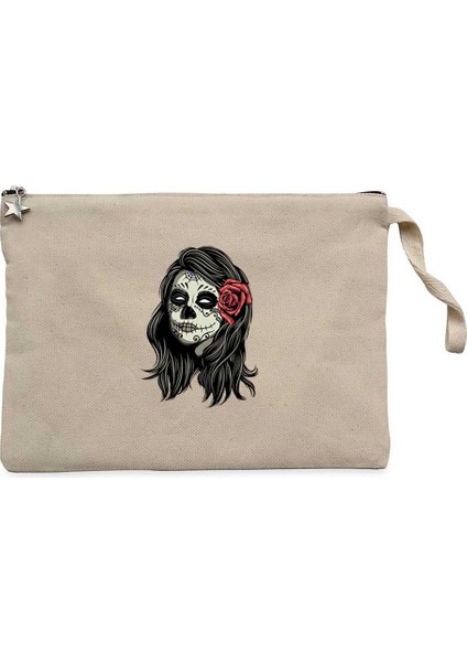 La Calavera Portre Krem Clutch Astarlı Cüzdan / El Çantası