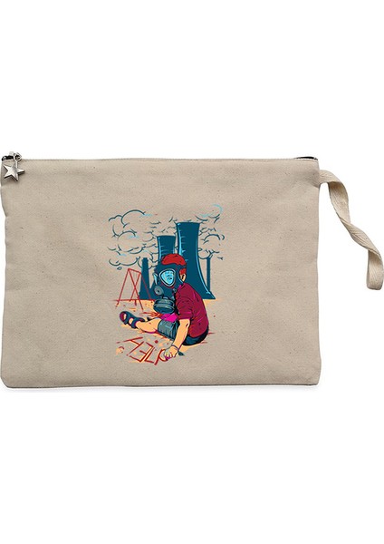 Gas Mask Boy Cartoon Krem Clutch Astarlı Cüzdan / El Çantası