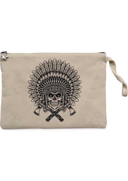 Kızılderili Skull Warrior Krem Clutch Astarlı Cüzdan / El Çantası