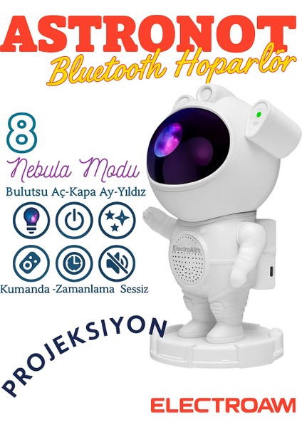 Astronot Tasarımlı Bluetooth Hoparlör & Gece Lambası – 8 Renkli Projeksiyon, Kumandalı