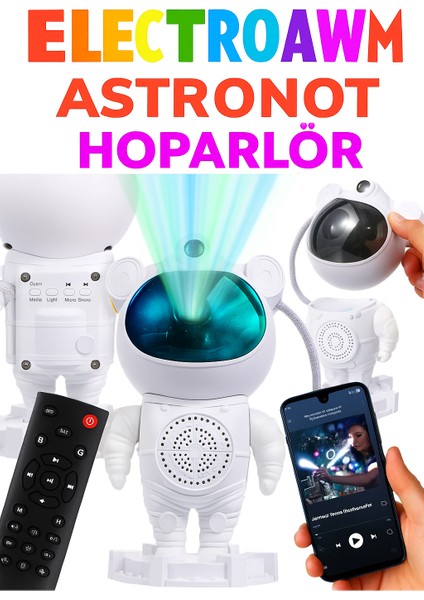 Astronot Tasarımlı Bluetooth Hoparlör & Gece Lambası – 8 Renkli Projeksiyon, Kumandalı