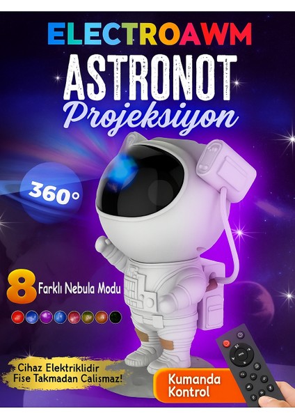Astronot Tasarımlı Bluetooth Hoparlör & Gece Lambası – 8 Renkli Projeksiyon, Kumandalı