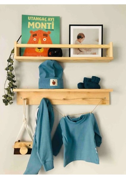 Ahşap Raf Askılık ve Kitaplık Rafı-Eğitici Montessori 40 cm 2 Li Duvar Rafı