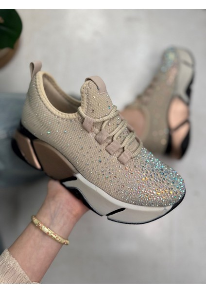 Günlük Kadın Spor Ayakkabı Taşlı Bağcıklı Hafif Kalın Yüksek Renkli Taban Yürüyüş Sneaker 403