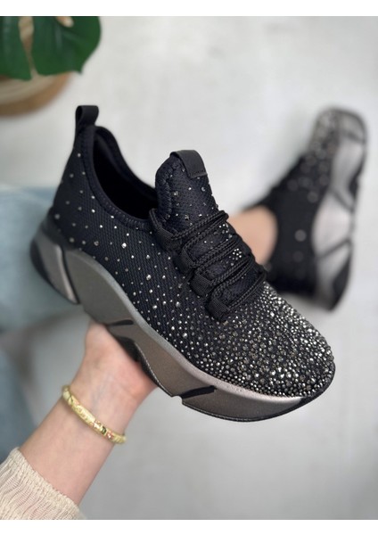 Günlük Kadın Spor Ayakkabı Taşlı Bağcıklı Hafif Kalın Yüksek Renkli Taban Yürüyüş Sneaker 403