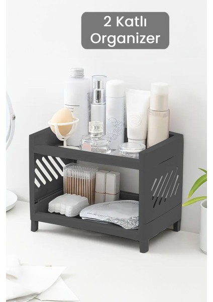 İki Katlı Çok Amaçlı Takı ve Makyaj Düzenleyici, Antrasit, Plastik, 1 Parça