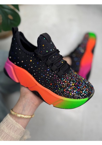 Günlük Kadın Spor Ayakkabı Taşlı Bağcıklı Hafif Kalın Yüksek Renkli Taban Yürüyüş Sneaker 403