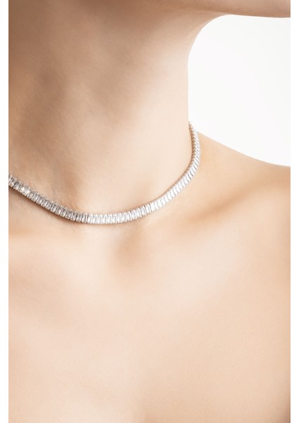 Baget Işıltısı 18 Ayar Beyaz Altın Kaplama Ayarlanabilir Gümüş Choker Kolye fırsatları