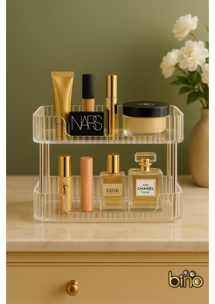 Şeffaf 2 Katlı Makyaj ve Takı Organizeri, Banyo ve Dolap Düzenleyici, Beyaz