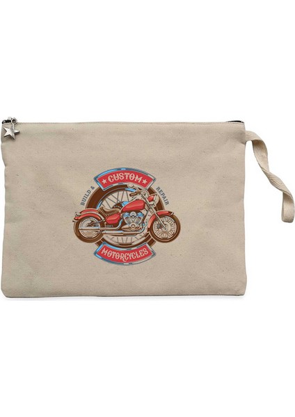 Custom Motorcycle Krem Clutch Astarlı Cüzdan / El Çantası