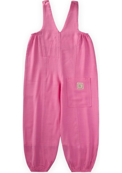 V Yaka Paça Lastikli Keten Salopet 2-7 Yaş Pembe